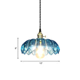 Industrial Scalloped Pendant Light: 8/10/12 Wide 1-Light Blue Glass Hanging Lamp In Brass With