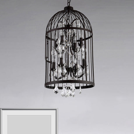 Vintage Industrial Black Metal Pendant Light With Crystal Accents - Multi Birdcage Hanging Design