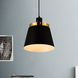 Modern Metallic Pendant Lamp With Black Barrel Shade - Stylish 1-Light Ceiling Light For Bedroom