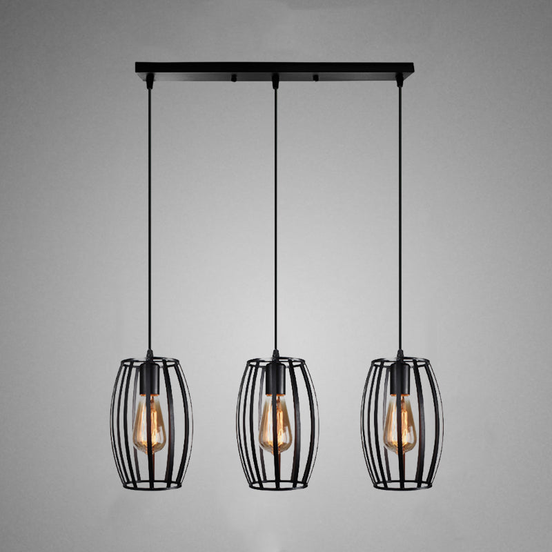 Black/White Oval Pendant Light Loft Style 3-Light Indoor Ceiling With Cage Shade