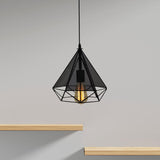 Industrial Style Black Diamond Pendant Lamp With Mesh Screen - Metallic Bulb Indoor Lighting