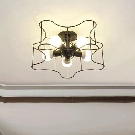 Industrial Star Shaped Metal 5-Bulb Light Fixture In Black/White With Cage For Living Room.