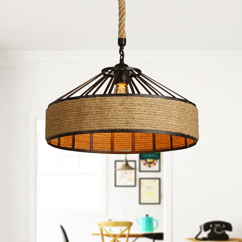 Vintage Style Drum Shade Rope Pendant Light - Perfect For Coffee Shops 1 Bulb Black