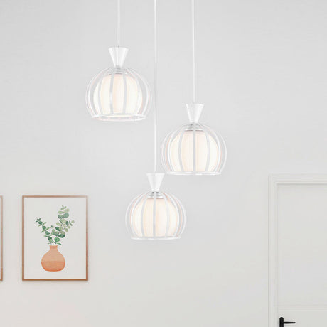 Metal Dome Cage Pendant With Milk Glass Shade - Retro Style 3-Bulb Hanging Light Indoor Black/White