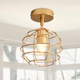 Triangle Brass Semi-Flush Bedroom Ceiling Lamp With Industrial Wire Frame