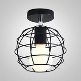 Industrial Black Cage Pendant Light For Corridor Ceiling - Semi Flush Globe/Oval Shape With Iron