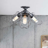 Semi Flush Farmhouse Pendant Light Rustic Wrought Iron With Wire Frame 3 Lights Bronze/Aged Silver