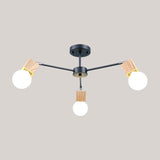 Semi Flush Industrial Ceiling Lamp With Wood Accents - 3/5-Light Metal Open Bulb Fixture For Bedroom