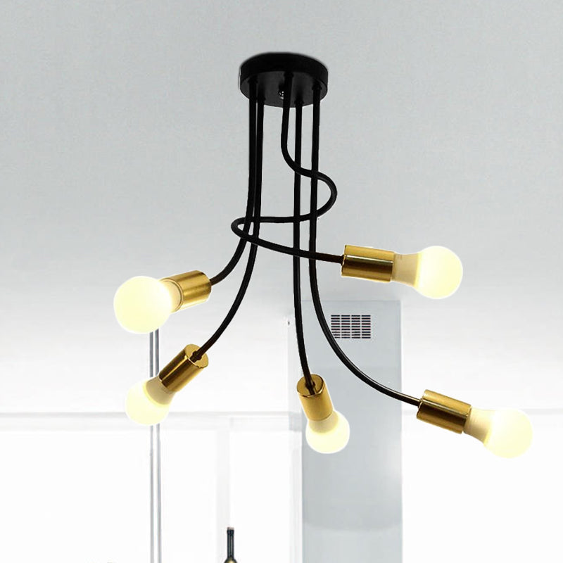 Vintage Bare Bulb Ceiling Light - Black/Gold Metallic Semi Flush With Curved Arm For Bedroom