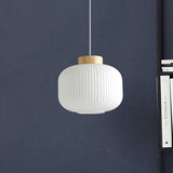 Modern 1-Light Milk Glass Ribbed Cylinder Pendant Light For Restaurants - 5.5 8 12 Diameter White