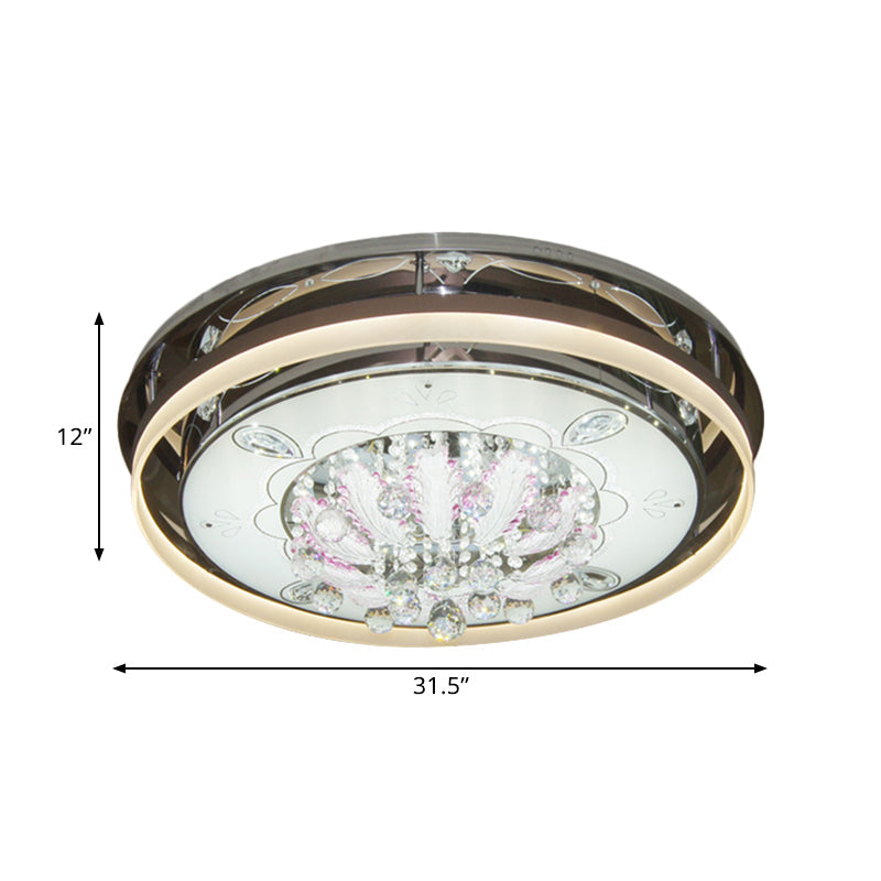 Modern Drum Led Flush Ceiling Light With Clear Crystal Draping - 23.5/31.5 Wide Stainless-Steel