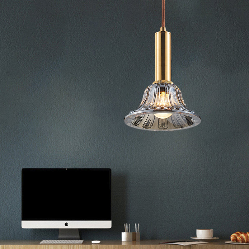 Modern Clear/Smoke Gray/Cognac Crystal Bell Pendant Light Fixture Gold Down Lighting