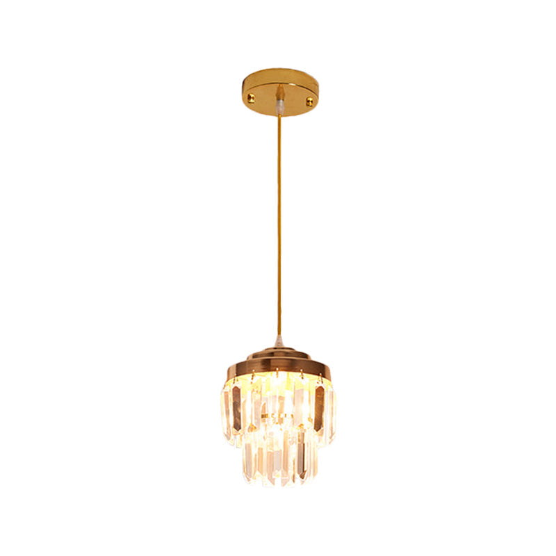 Modern 2-Tier Crystal Pendant Light With 1 Bulb Corridor Ceiling Suspension Lamp In Black/Gold