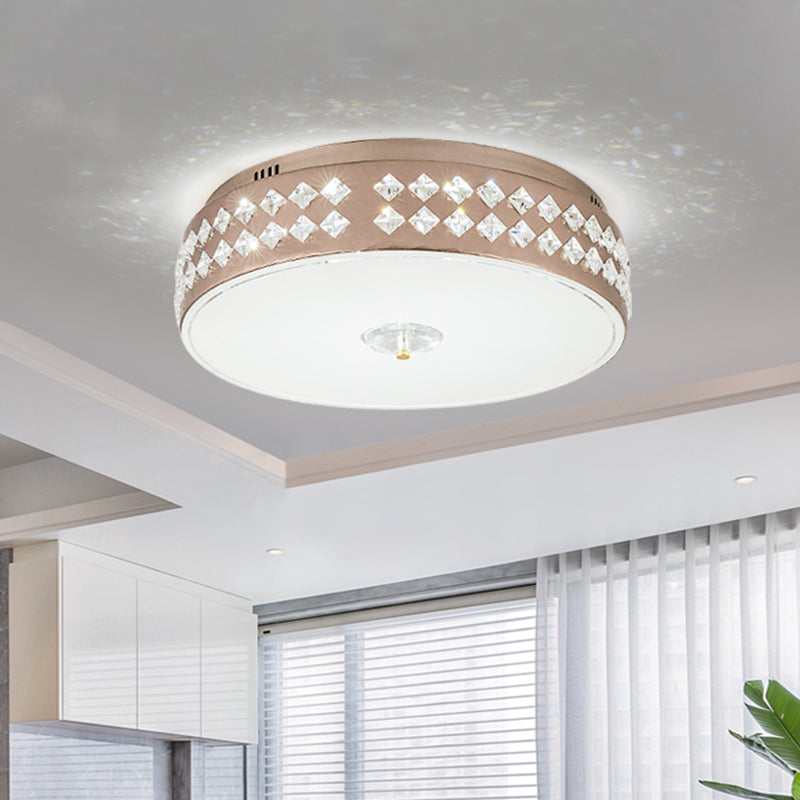 Led Round Ceiling Lamp Modern Champagne Finish With Clear Rhombic/Square-Cut Crystals 15.5/19.5