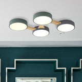 Nordic Wood And Metal Flush Ceiling Light - Round Grey Shade 3/4/5 Lights Ideal For Bedroom