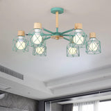 Nordic Iron Cage Semi-Flush Lamp With 3/6/8-Head Black/Green/Gold Pendant Lighting For Ceiling