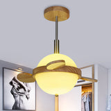 Wooden Semi Flush Mount Milk Glass Globe Light - Nordic Design Ideal For Balcony 15W