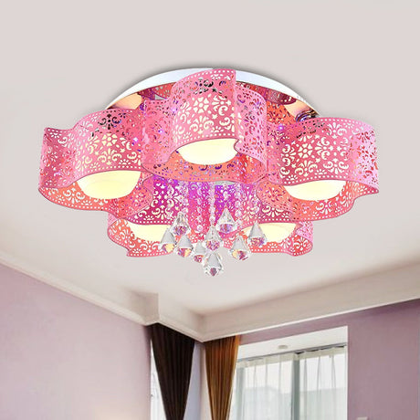 Modernist Crystal Ceiling Lamp With Etched Flower Design 3/5 Lights Opal Glass Ball Shade