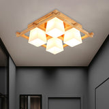 Japanese Style Wooden Checkerboard Flush Mount Ceiling Light In Beige For Study Room