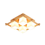 Japanese Style Wooden Checkerboard Flush Mount Ceiling Light In Beige For Study Room