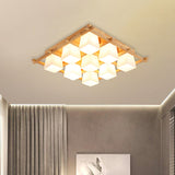 Japanese Style Wooden Checkerboard Flush Mount Ceiling Light In Beige For Study Room