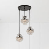 Modern Metal 3-Bulb Pendant Lamp With Clear Crystal Balls - Round/Linear Canopy Black/Gold Finish