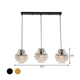 Modern Metal 3-Bulb Pendant Lamp With Clear Crystal Balls - Round/Linear Canopy Black/Gold Finish