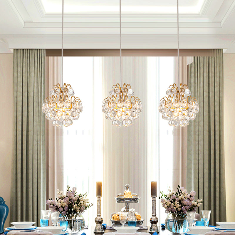 Modern Metal 3-Bulb Pendant Lamp With Clear Crystal Balls - Round/Linear Canopy Black/Gold Finish