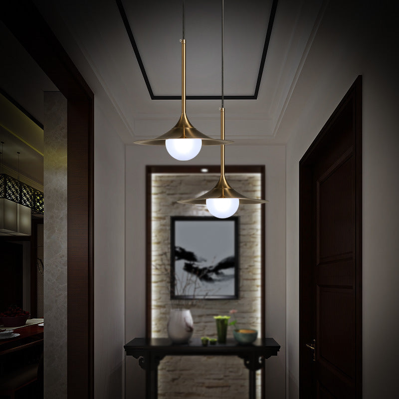 Mid Century Brass Flared Ceiling Light With Frosted Glass Shade - 1 Hallway Pendant