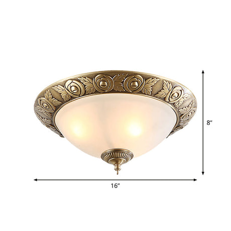 Antiqued Milky Glass Bedroom Ceiling Light With Brass Flush Mount - 2/3-Head Available In 12 16 And