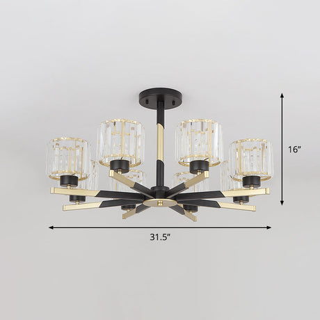 Modern Cylindrical Crystal Semi Flush Chandelier In Black - 6/8-Head Living Room Ceiling Light