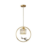 Modern Gold Circle Suspension Pendant With Decorative Bird/Dragonfly - Crystal Cylinder Dining Room