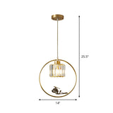 Modern Gold Circle Suspension Pendant With Decorative Bird/Dragonfly - Crystal Cylinder Dining Room