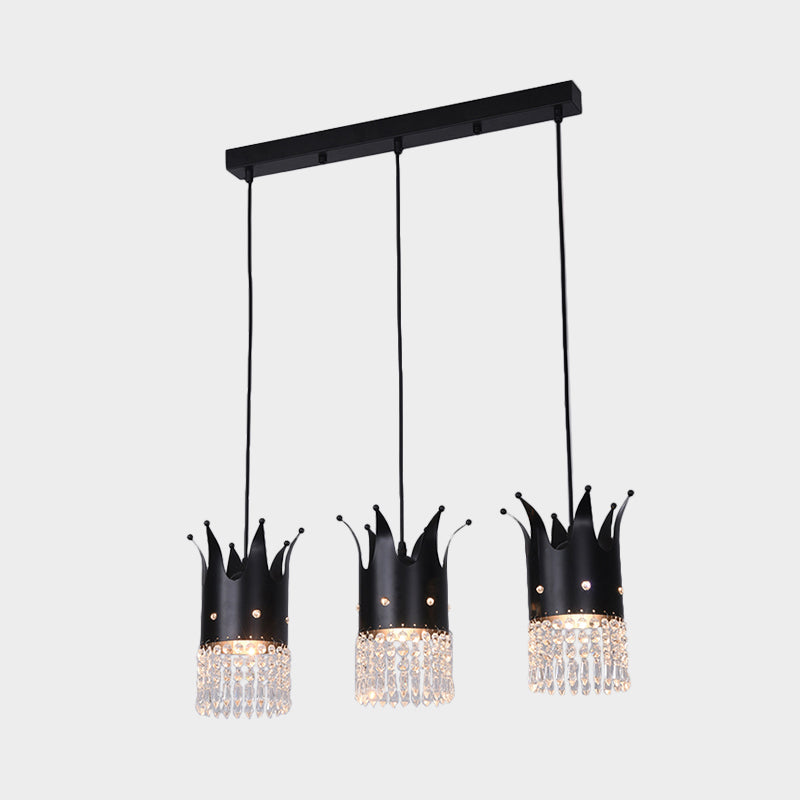 Modern Black Crown Island Lighting With Crystal Droplets - 3 Bulbs Metal Multi Hanging Lamp Kit