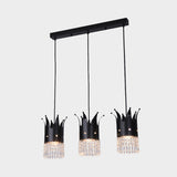 Modern Black Crown Island Lighting With Crystal Droplets - 3 Bulbs Metal Multi Hanging Lamp Kit