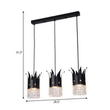 Modern Black Crown Island Lighting With Crystal Droplets - 3 Bulbs Metal Multi Hanging Lamp Kit