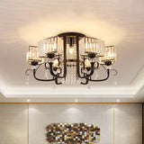 Semi Flush Black Metal Ceiling Lamp With Crystal Cuboid Shade - Swirling Arm 3/7 Heads