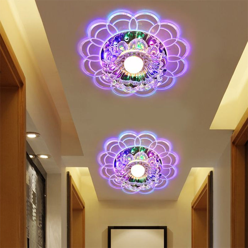 Silver Flush Mount Led Ceiling Light Fixture With Clear Crystal Flower Design - Warm/Multi Color