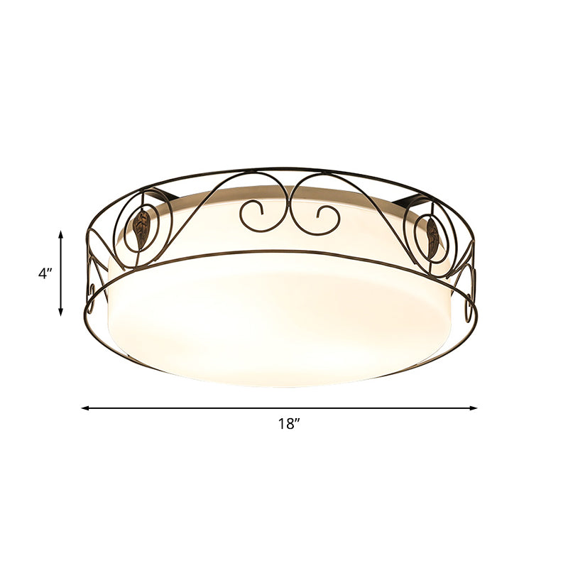 Antique Circular White Glass Flush Mount Light With 4-Heads & Wire Cage