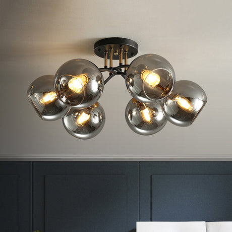 6-Head Vintage Black Semi Flush Mount Ceiling Lighting With Orb Smoke/Clear Glass Shade At 6 Heads