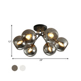 6-Head Vintage Black Semi Flush Mount Ceiling Lighting With Orb Smoke/Clear Glass Shade At 6 Heads