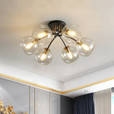 6-Head Vintage Black Semi Flush Mount Ceiling Lighting With Orb Smoke/Clear Glass Shade At 6 Heads