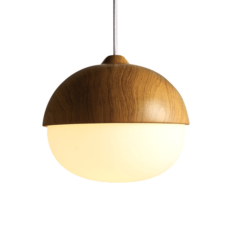 Wooden Pendant Light With Oval Ivory Glass Shade - Simple Bowl Style In Brown