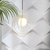 Gold Pendant Light With Opal Glass Shade - Moveable Wire Cage Pendulum