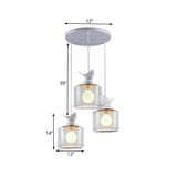 Nordic Glass Pendant Lighting With Resin Bird Top - Clear Drum Design White Multi Light 3 Bulbs