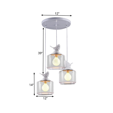 Nordic Glass Pendant Lighting With Resin Bird Top - Clear Drum Design White Multi Light 3 Bulbs