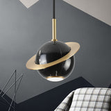 Green/White/Black-Brass Mini Planet Pendant Lamp - Modern Marble Ceiling Light With 1 Bulb Black