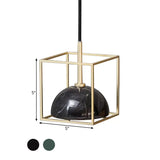 Mid Century Marble Dome Hanging Light Kit - Small Black/Green With Gold Wire Cage Guard