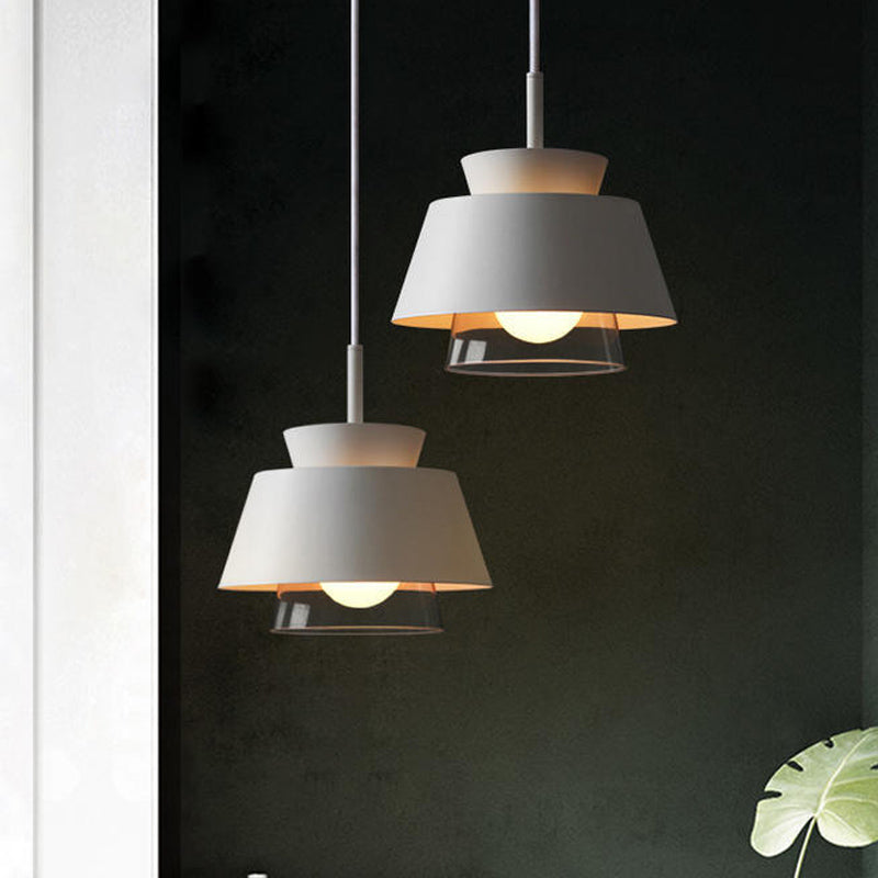 Minimalist Iron Hanging Pendant Light With 2 Tiers Single Black/White Design Transparent Glass Shade