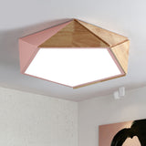 Wood Splicing 3D Pentangle Led Flush Mount Ceiling Lamp In Macaron Pink/Green Warm/White Light
